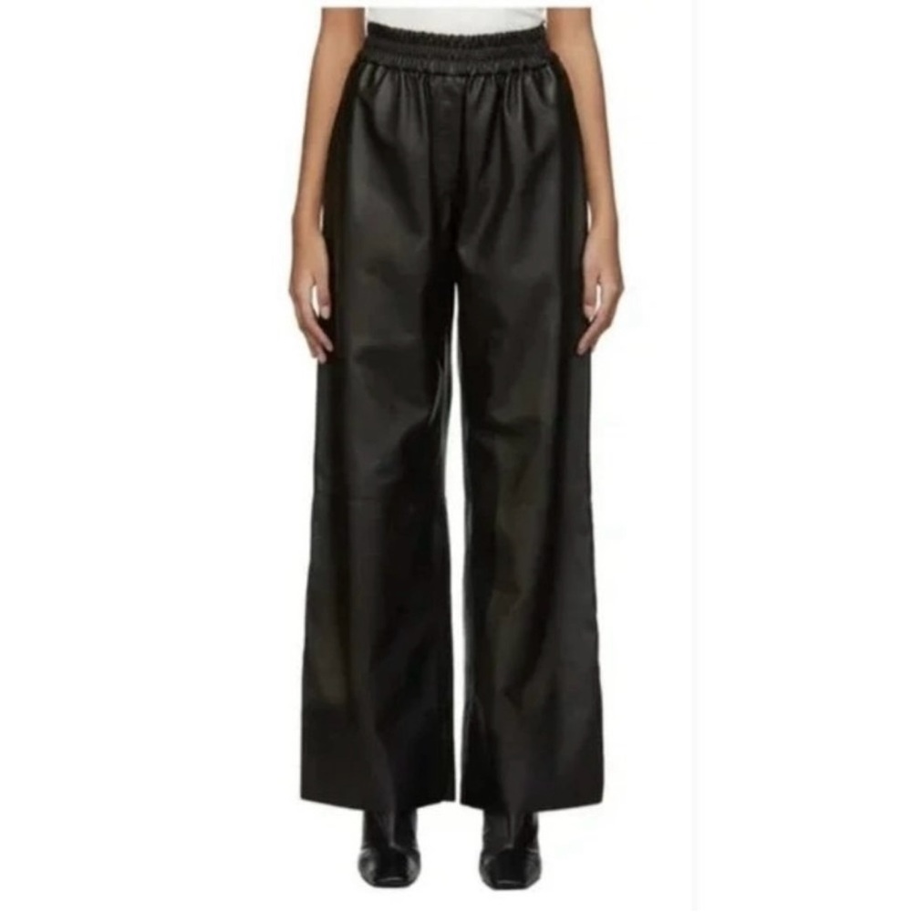 Joie Faux Leather Pants Elastic Waist Straight Leg Black Smocked